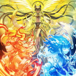 "Ohime the Manifested Mikanko", "Ha-Re the Sword Mikanko", and "Ni-Ni the Mirror Mikanko" in the artwork of "Mikanko Kagura".