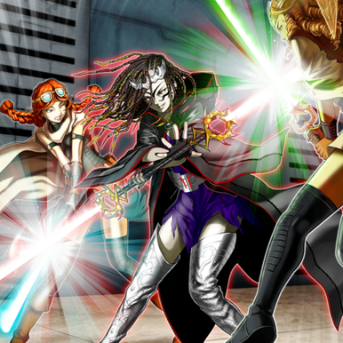 "Farmgirl", "Goodwitch"  and "Wickedwitch" in the artwork of "Kozmo Lightsword".