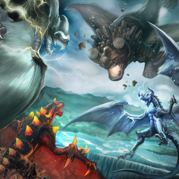 Clockwise from top left: "Tempest", "Redox", "Tidal" and "Blaster" in the artwork of "Dragoroar"