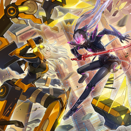 "Sky Striker Ace - Raye" (as "Kaina") and "Sky Striker Ace - Roze" in the artwork of "Sky Striker Maneuver - Scissors Cross"