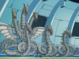 "Cyber End Dragon" and three "Cyber Dragons".