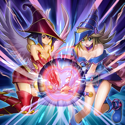 "Apple Magician Girl" and "Dark Magician Girl" in the artwork of "Magicians' Defense".
