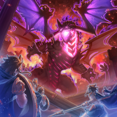 "Veidos the Eruption Dragon of Extinction" being fended off by various soldiers of the "Ashened" in the artwork of "Ashened for Eternity".