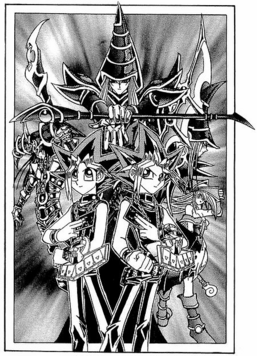 "Magician of Black Chaos", "Dark Magician", "Dark Paladin" and "Dark Magician Girl" with Yugi Mutou and Dark Yugi.