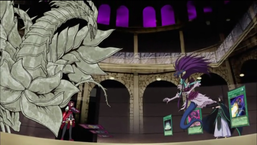 Akiza faces off against Misty, her "Black Rose Dragon" turned to stone.