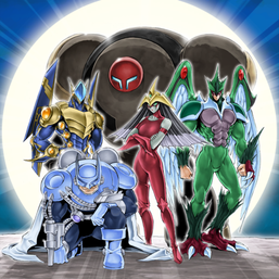 "Bubbleman" (bottom), "Sparkman", "Burstinatrix", and "Avian" (middle, left to right), "Clayman" (top) in the artwork of "Fifth Hope".