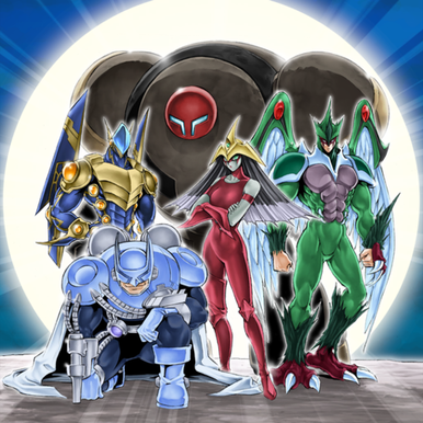 "Bubbleman" (bottom), "Sparkman", "Burstinatrix", and "Avian" (middle, left to right), "Clayman" (top) in the artwork of "Fifth Hope".